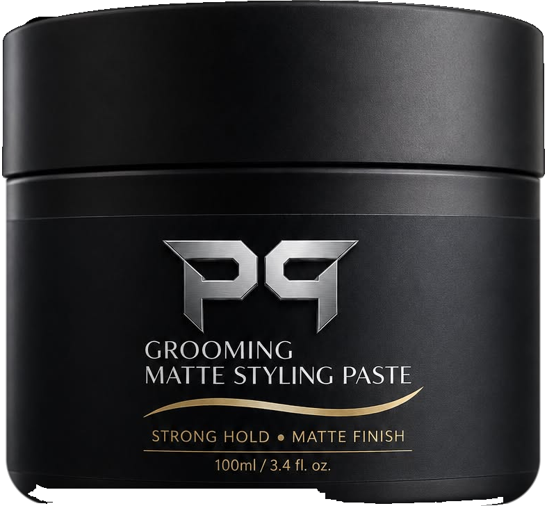 P9 Grooming Matte Styling Paste — matte black 100ml jar with metallic P9 emblem and gold detailing. Strong hold, matte finish.